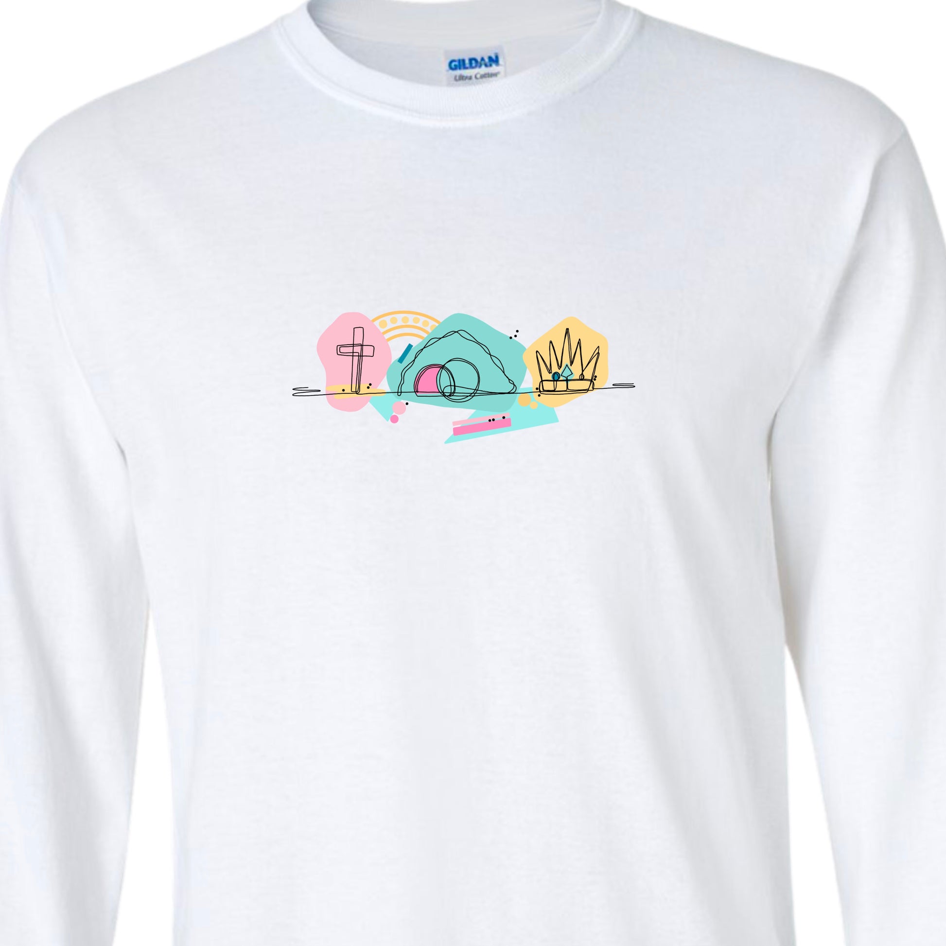 White adult long sleeved tshirt featureing the East Weekend graphic. 