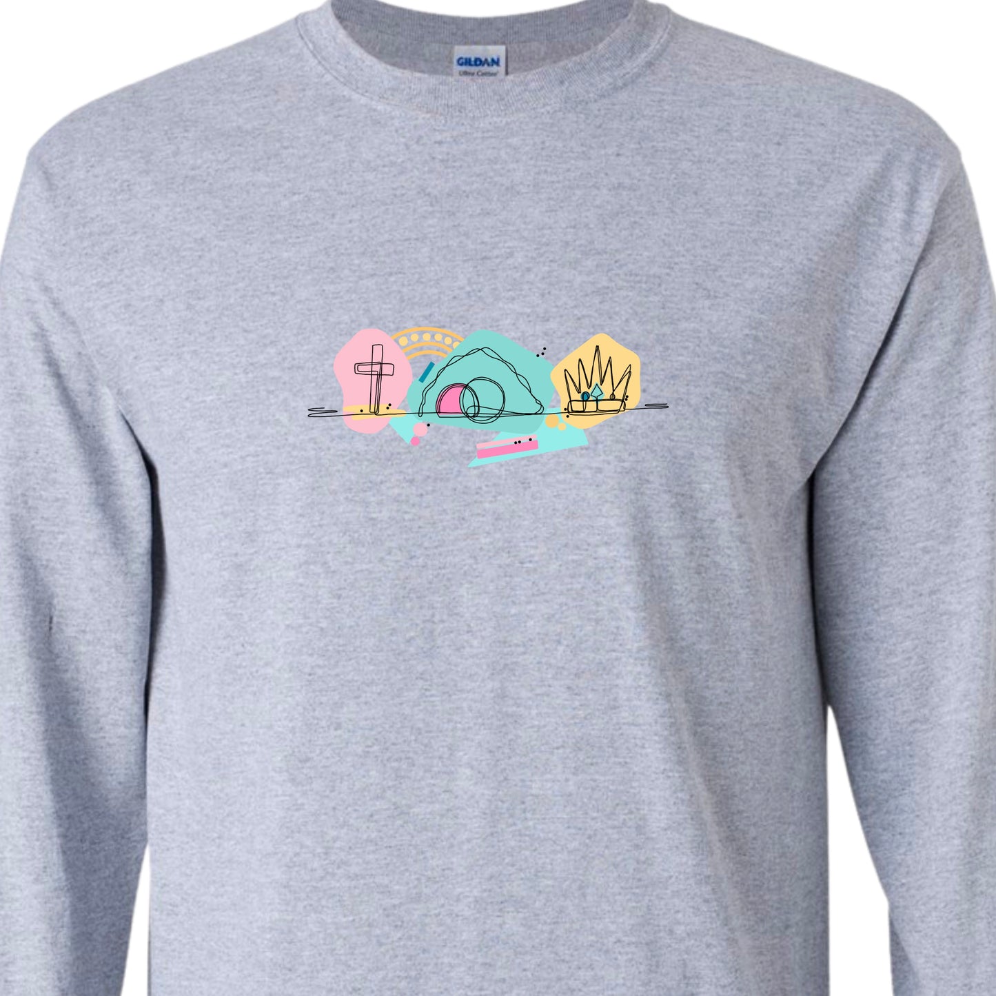 Gray adult long sleeved tshirt featureing the East Weekend graphic.
