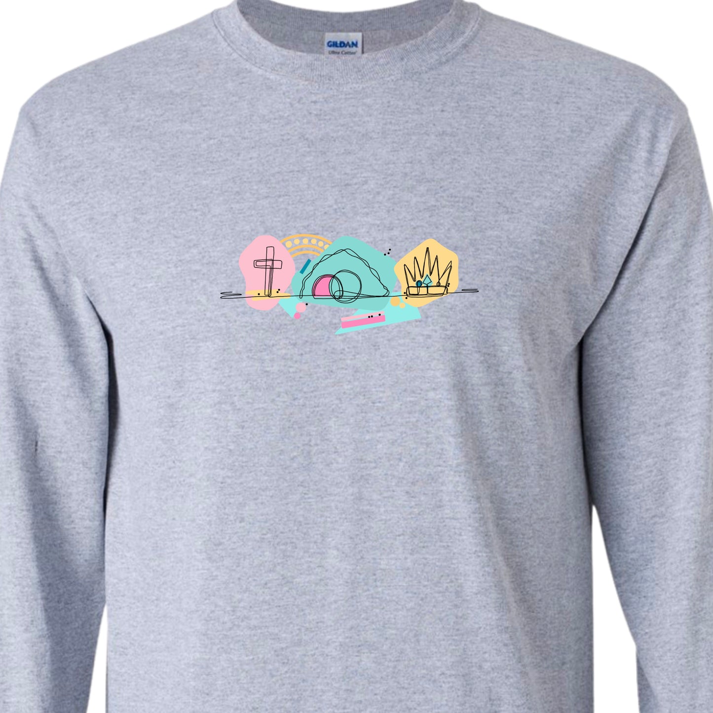 Gray adult long sleeved tshirt featureing the East Weekend graphic. 