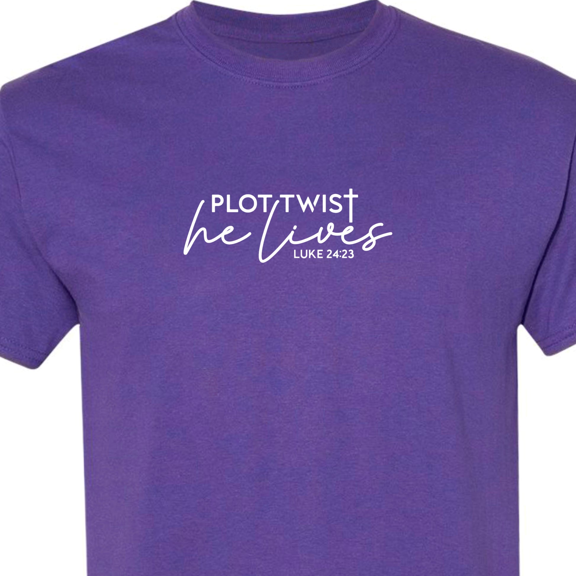Purple/pink adult tshirt that reads, in white lettering: Plot Twist, He Lives - Luke 24:23