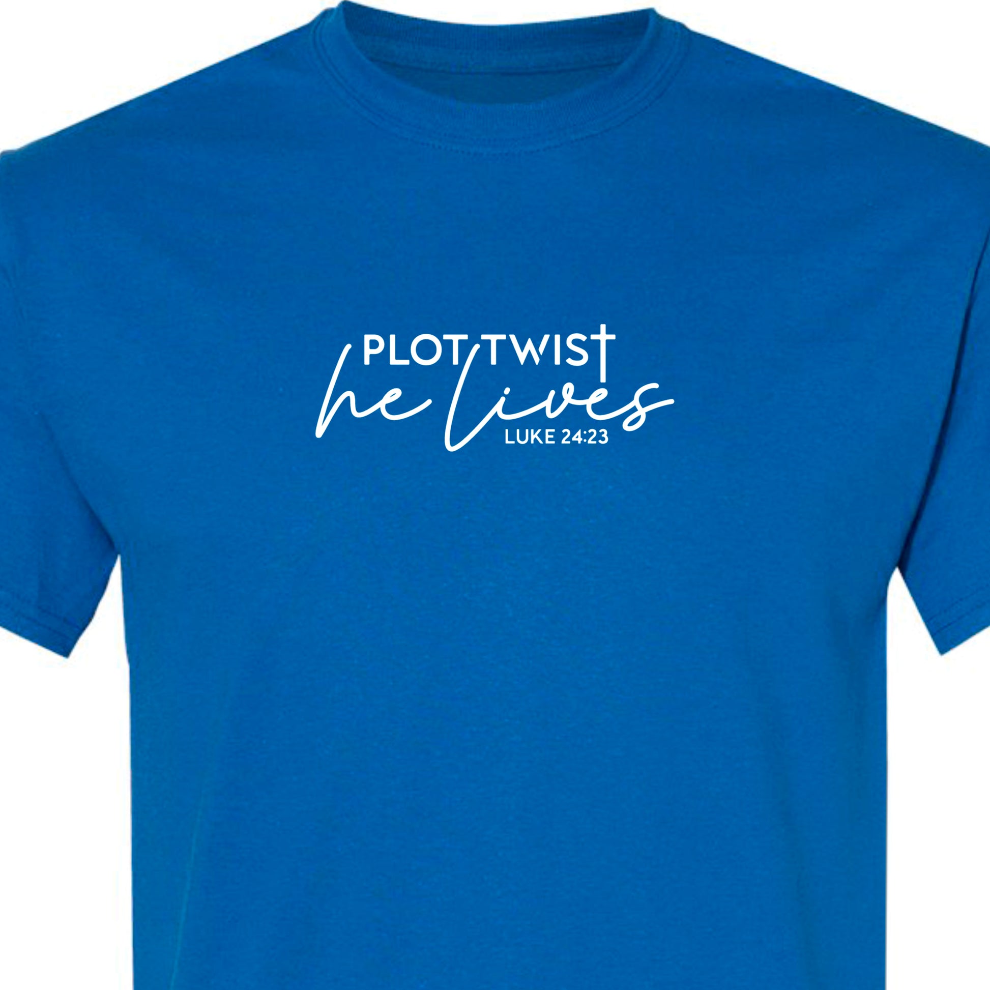 Blue adult tshirt that reads, in white lettering: Plot Twist, He Lives - Luke 24:23